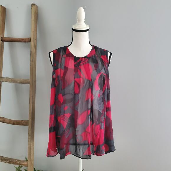 Mix It Tops - Mix It Red Black Sleeveless Sheer Floral Pleated Front Top Size M